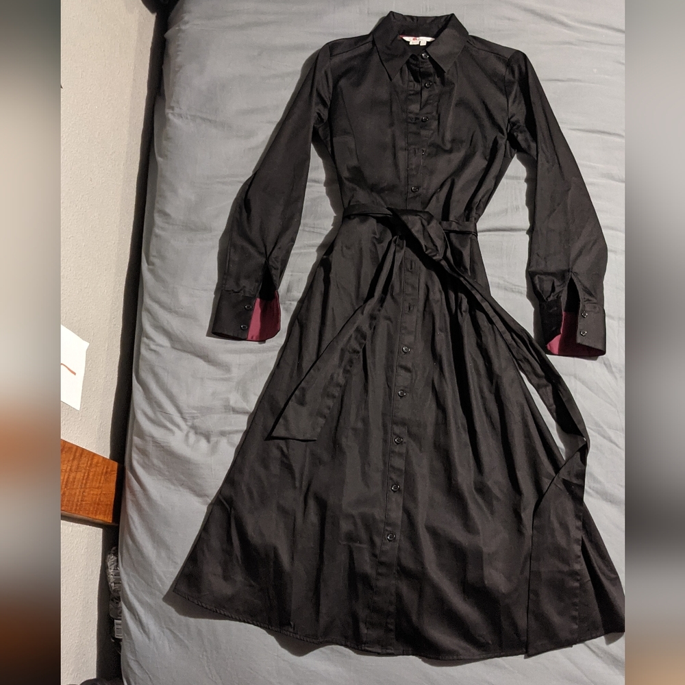 Boden Black Long Sleeve Button-Front Shirt Dress with Burgundy Cuffs